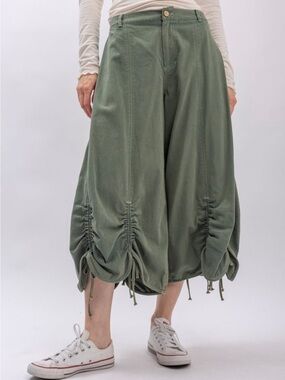 Olive Green Drawstring Wide Leg Crop Pants